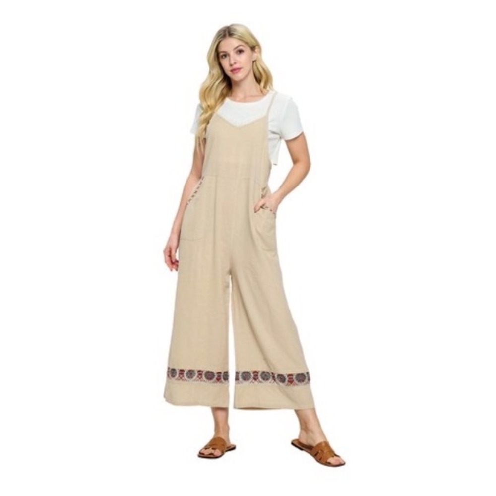 Yak & Yeti Women Beige Crochet Lace Embroidered Boho Jumpsuit 25163 Small NEW
